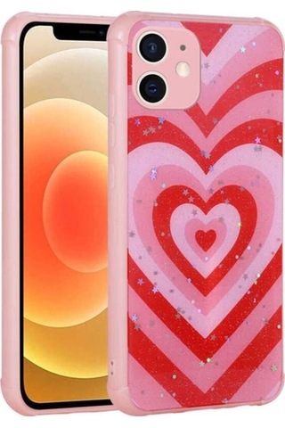 Apple Uyumlu iPhone 12 Kılıf Simli Desenli Kamera Korumalı Parlak Zore Popy Kapak Kalp