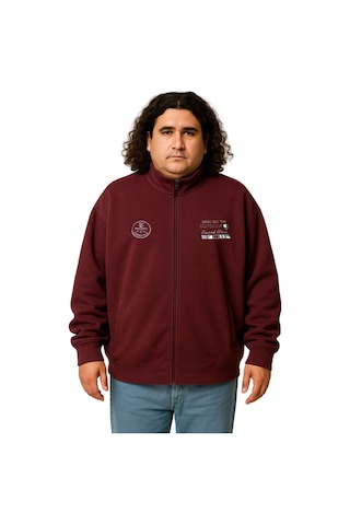 Erkek Büyük Beden 122-158 Kilo Arası İçin Uygun Pamuklu Geniş Kalıp Dik Yaka Fermuarlı Sweat Mont Bordo