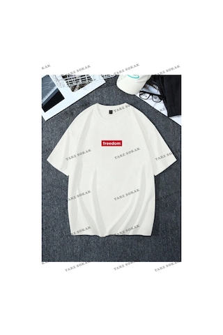 Startmore Unisex Kadın/erkek Freedom Renkli Özel Baskılı Oversize Penye Beyaz