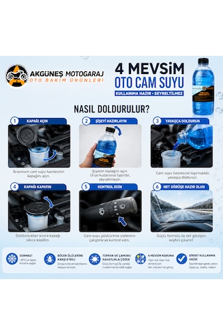 Akgüneş Motogaraj 1 Lt 4 Mevsim Antifrizli Oto Cam Suyu - Kullanıma Hazır, Seyreltilmez, Böcek Ve Çamur Temizleyici, Donmaya Karşı Koruma