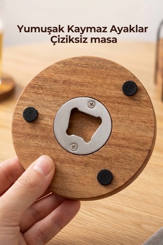 Ahşap Bardak Altlığı 6'lı Set Ahşap Şişe Açacaklı Stantlı Bardak Altlığı Sunum Seti Bardakaltligi, One Size