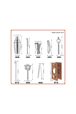 9 Parça 350 Ml Paslanmaz Çelik Mini Kokteyl Shaker Seti, Bambu Standlı Bar Aksesuarı