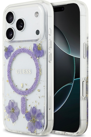 Apple Uyumlu iPhone 17 Pro Kılıf Guess Lisanslı M-safe Şarj Özellikli Transparan Resin Flowers Kapak Mor Mor