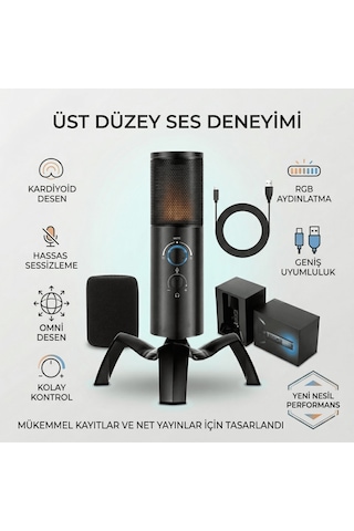 Profesyonel Usb Rgb Tak Çalıştır Mikrofon Çift Yönlü Kayıt Özellikli Yayıncı Ve Oyuncu Mikrofonu
