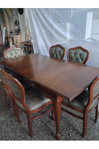 Masa Sandalye Tk 90616 Klasik Model Kayın Aslan Ayak Oymalı Ceviz Orta Açılır Masa Kahverengi