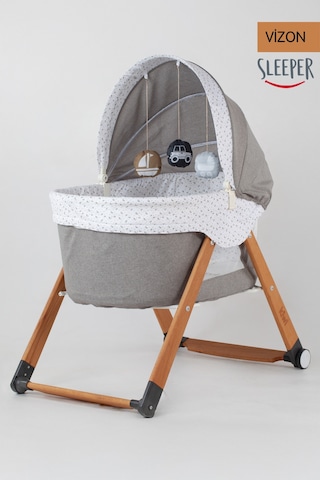 Kiwi Sleeper Anne Yanı Beşik, Portatif, Sallanır, Katlanır, Tekerlekli Bebek Beşiği - Luna Desen Vizon