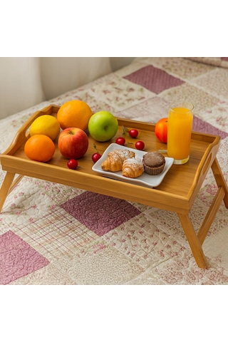 Porsima Katlanır Ayaklı Bambu Tepsi Yatak Keyif Tepsisi 50cm 30cm , Portatif Tepsi Bambu