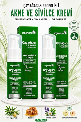 Organicsun Çay Ağacı Ve Propolisli Akne Ve Karşıtı Cilt Bakım Kremi 2 Adet X 50 Ml Siyah Nokta Ve Leke Görünümü Bakımı