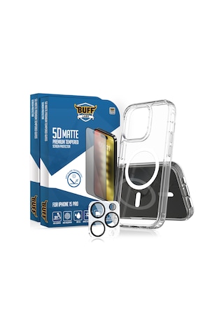 Buff Apple iPhone Uyumlu 15 Pro - 2x5d Ekran Koruyucu + Magsafe Kılıf + Lens Koruyucu Matte Mat