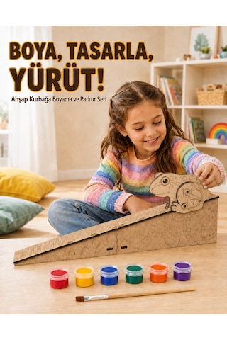 Çocuk Ahşap Hareketli Kurbağa Boyama Seti 6 Renk Boya, Fırça Ve Kolay Montaj Parkuru