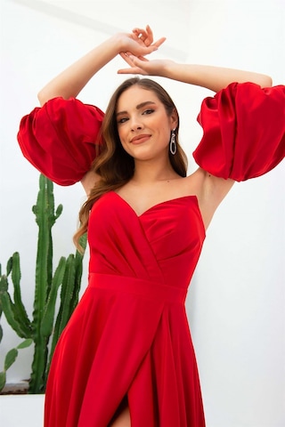 Carmen Kadın Saten Balon Kol Yırtmaçlı Uzun Abiye Elbise 55778 Kırmızı Kırmızı