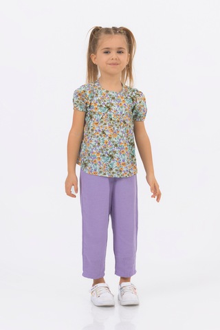 Kız Çocuk Dokuma Üst Keten Pantalon Model Alt-üst Takım Lila
