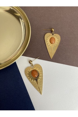 Turuncu Taş Kalkan Çelik Kararmaz Küpe Çifti Altın