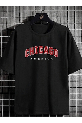 Erkek Siyah Oversize Chıcago Baskılı Örme T-shirt Siyah-66617