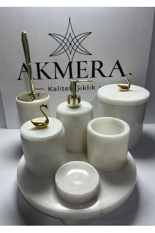 Mermer Top Ayaklı Standlı 7 Parça Lüks Banyo Seti Altın - Beyaz