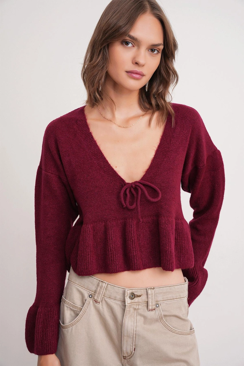 Mixray 6955 Kadın Fırfırlı Triko Kazak Bordo Bordo