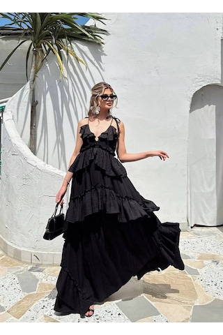 Fashion Cocktail İp Bağlama Askılı Fırfırlı Hacimli Dalgalı Hareketli Yırtmaçsız Maxi Uzun Yazlık Sahil Tatil Elbise Siyah