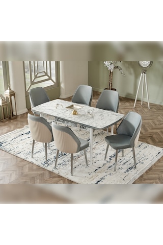 Murat Sandalye Mona Seris Beyaz Mermer Açılabilir Mutfak Masası Takımı M 80 x 130