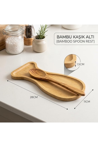 %100 Doğal Bambu Kaşık Ve Kepçe Altlığı - Ocak Yanı Tezgah Üstü Kirli Kaşıklık 28x11x1.5 Cm