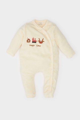 DeFacto Erkek Bebek Yenidoğan Yılbaşı Temalı Uzun Kollu Çıtçıtlı Kadife Tulum D6510A524WNER233 Ekru