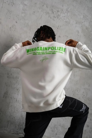 Erkek Oversize Sweatshirt Beyaz Renk Ön Ve Sırt Baskılı, Üç İplik İçi Pamuklu Kumaş, Rahat Kalıp, Ribanalı Kışlık Sweat Winagain Polizei Serisi - Beyaz Beyaz