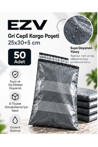 Gri Cepli Kargo Poşeti 25x30+5 Cm 50 Adet Yapışkanlı, Şeffaf Evrak Cepli
