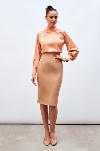 Sateen Düz Kalem Etek - Camel