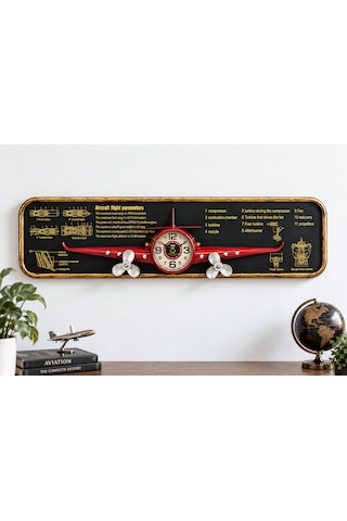 Nostaljik Uçak Temalı Kırmızı Pano Saat - 77 Cm