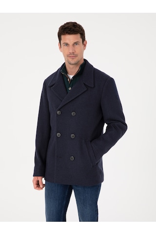 Cacharel Lacivert Slim Fit Yün Karışımlı Kruvaze Kaşe Kaban