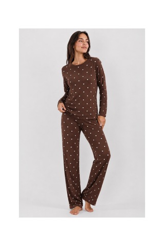 Feg Store %100 Pamuk Kahverengi Uzun Kollu Minik Kalp Detaylı Kadın Pijama Takımı