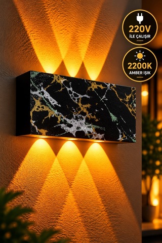 Siyah Gold Gümüş Yeşil Desenli 12w 2200k Amber Işıklı 3 Gözlü Yukarı Aşağı Dekoratif Duvar Apliği 16 Cm Amber Işık
