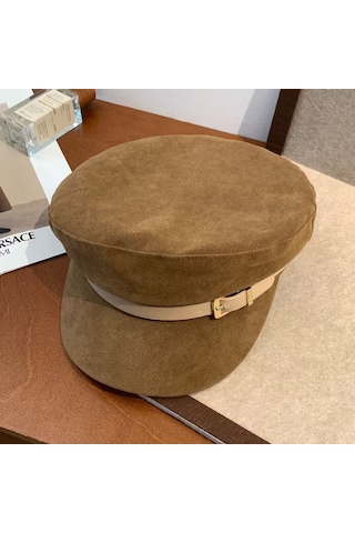 Kadın Süet Marin Şapka Deri Kemer Altın Tokalı Retro Fırça Şapka 3 Renk Açık Kahverengi