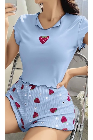 Çilek Desenli Mavi Seksı Pijama Takım Mavi