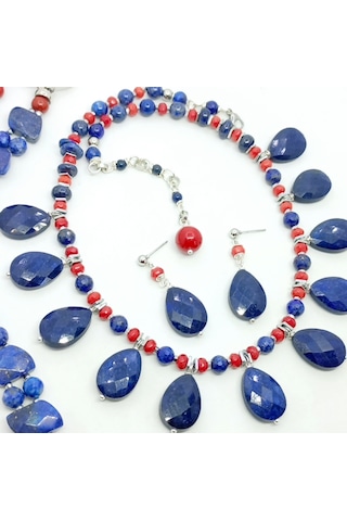 2745 Lapislazuli Mercan Hematit Çelik Aparatlı El Yapımı Kolye Çok renkli