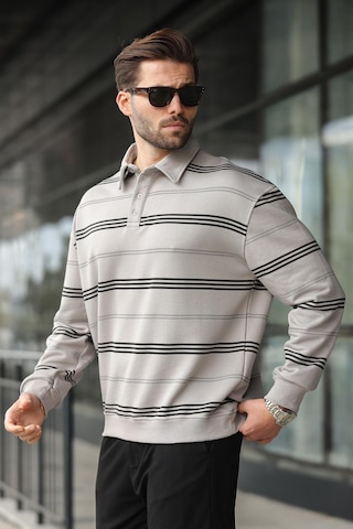 Madmext Boyalı Gri Çizgili Polo Yaka Erkek Sweatshirt E7172 Gri