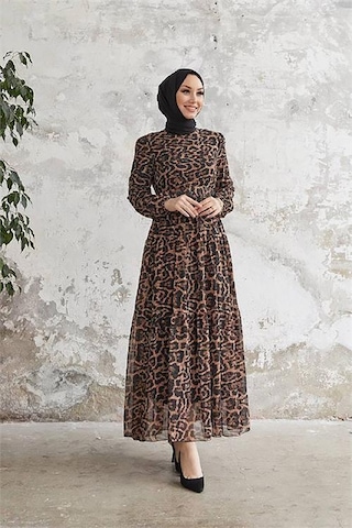Neşeli Butik Kadın Leopar Desenli İthal Kumaş Tesettür Şifon Elbise Sms028 Siyah