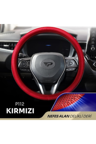 Panda Oto Direksiyon Kılıfı - Delikli Deri-kırmızı