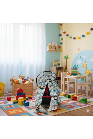 Sevimli Hayvan Desenli 3D Dijital Baskı Pamuk Müslin Kumaş Puset Örtüsü Mavi