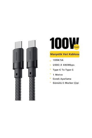 Essager 1 Metre Pd 100w Manyetik Süper Hızlı Type C To Type C Şarj Data Kablosu, Akım, Isı Korumalı