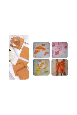 Ahşap Bardak Altlığı 4 Adet Çiçek Desen1 9x9cm Çok Renkli