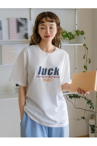 Kadın Beyaz Oversize %100 Pamuk Luck Baskılı T-shirt Beyaz