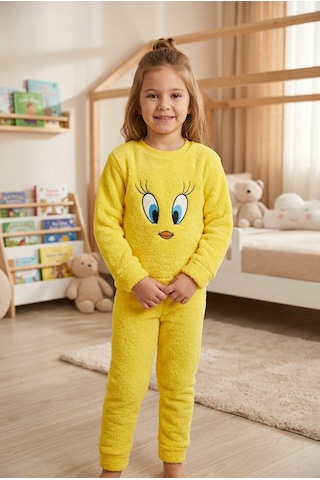 Beniizle Nakışlı Unisex Çocuk Peluş Alt Üst Takım Sarı