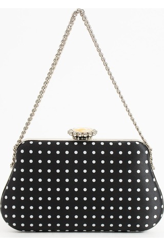 Lebibe Shoes Polkıa Siyah Saten Kumaş Puantiye Desenli Zincir Askılı Klips Kapamalı Clutch Çanta