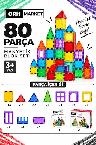 80 Parça 7.5 Cm Büyük Boy Manyetik Blok Seti Güçlü Mıknatıslı Zeka Geliştirici Eğitici Oyuncak