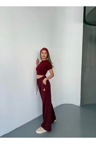 Reka Moda Osy Modal Yumuşak Dokulu Kumaş Nakış Işlemeli Rahat Bol Paça Eşofman Pantalon - Bordo Bordo