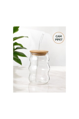Bambu Kapaklı Cam Pipetli Borosilikat Bombeli Cam Bardak 13 Cm Şeffaf İçecek Bardağı Şeffaf