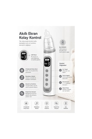 Robeve Auhma Ahb-10 Elektrikli Burun Aspiratörü Usb Şarjlı, 3 Kademeli Emiş Gücü, Dijital Led Ekran, 3 Yumuşak Silikon Uç, Müzikli Nazal Aspiratör, Yenidoğan, Bebek Ve Çocuklar Için Burun Temizleme