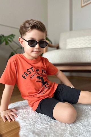 Riccotarz Erkek Çocuk Dinazor Ve Bisiklet Baskılı Turuncu T-shirt Penye Şortlu Takım Turuncu