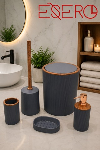 351 Gri 5 Parça Banyo Aksesuar Seti Çöp Kovası Sıvı Sabunluk Diş Fırçalık Sabunluk Wc Fırçası Antrasit Ahşap Desenli