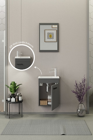 Biani Fix Arya Mini 42 Cm Banyo Dolabı,Seramik Lavabolu, Aynalı,Lavabo Dahil,Mdf,Mat Gri